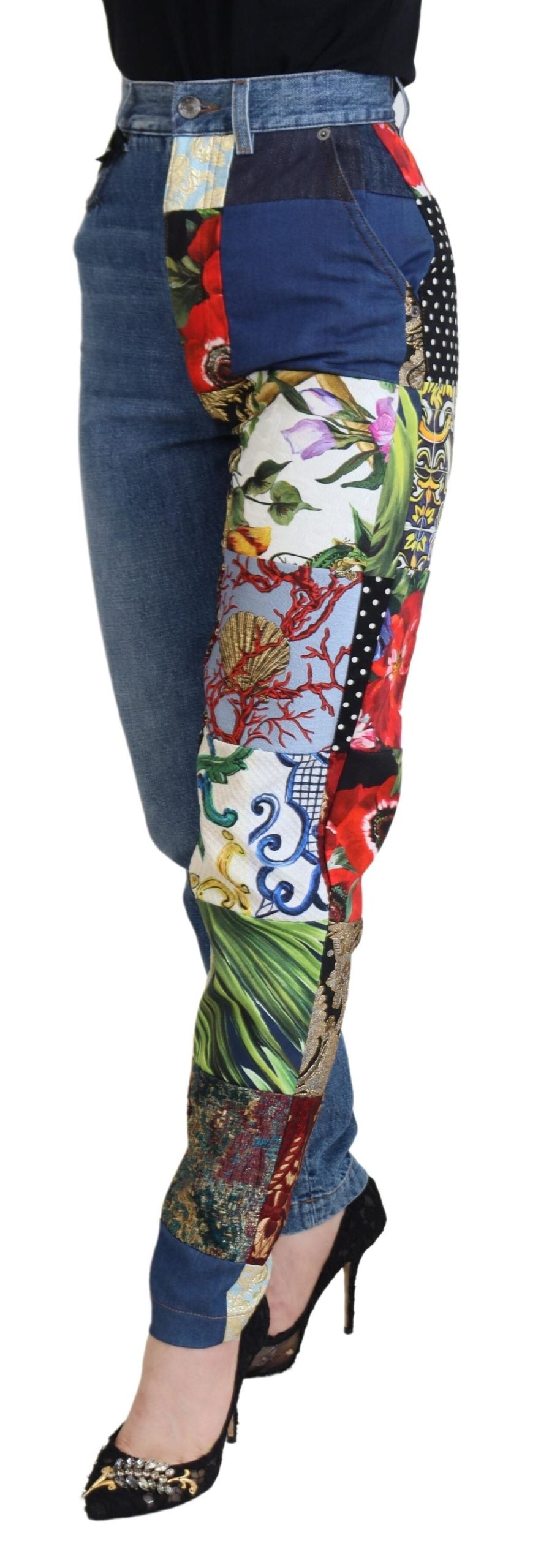 Blåa Jacquard Majolica-jeans med hög midja