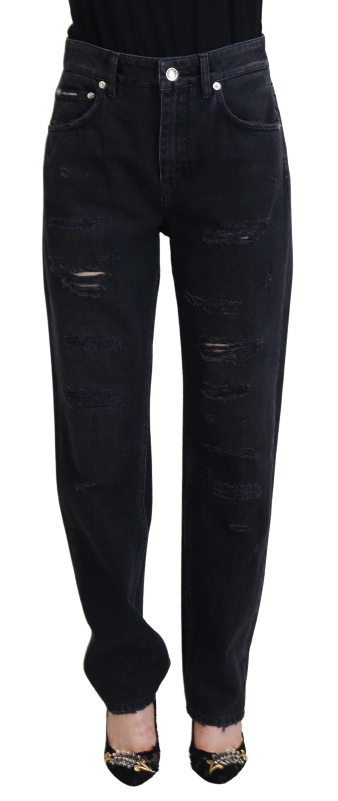 Svarta, slitna bomullsjeans med hög midja