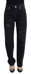Dolce & Gabbana Black Cotton Tattered High Waist Denim Jeans