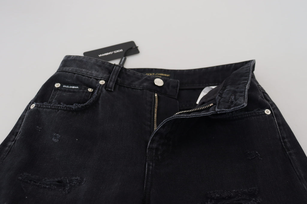 Svarta, slitna bomullsjeans med hög midja
