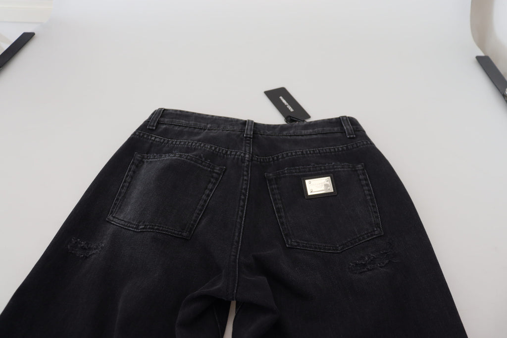 Svarta, slitna bomullsjeans med hög midja