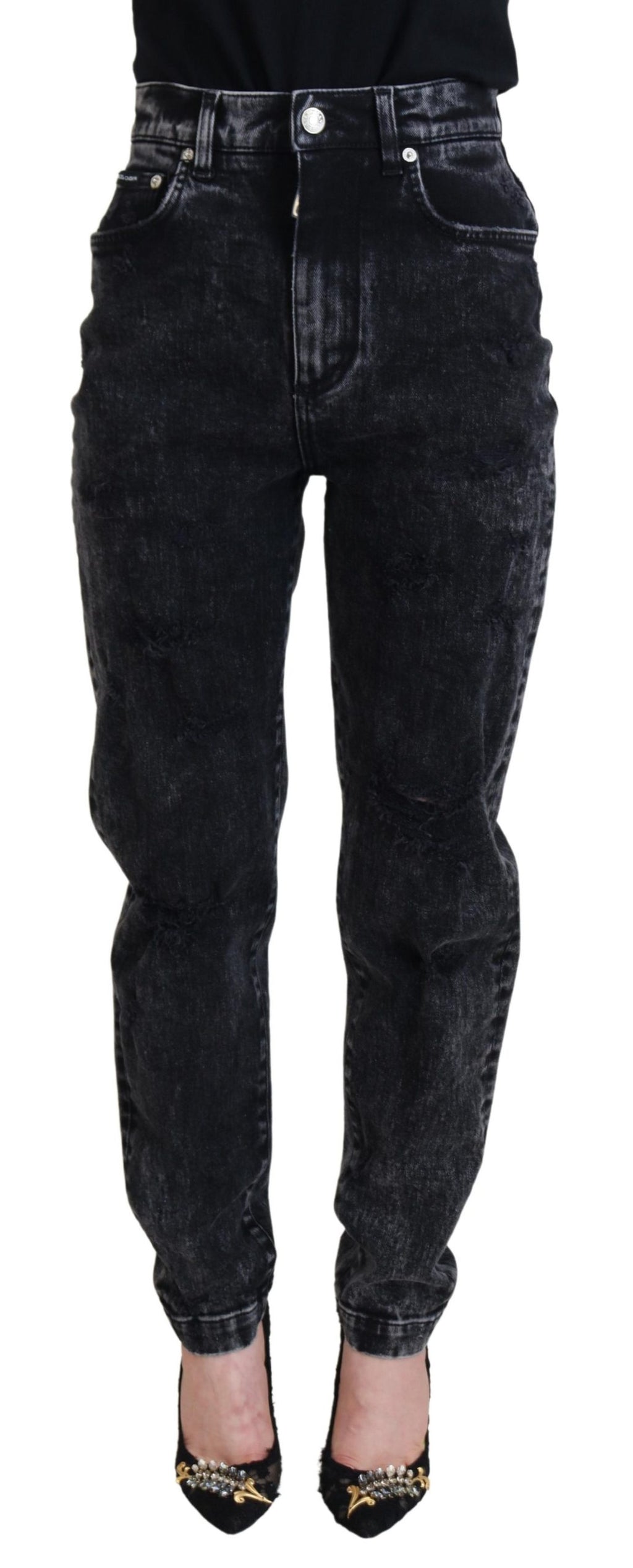 Svarta tvättade bomullsjeans med hög midja
