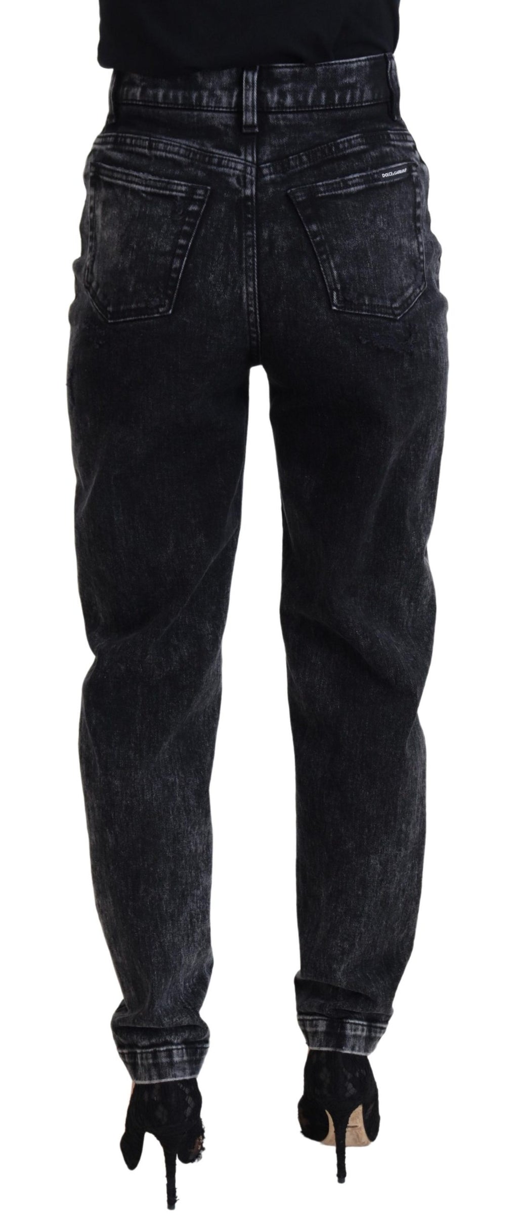 Svarta tvättade bomullsjeans med hög midja