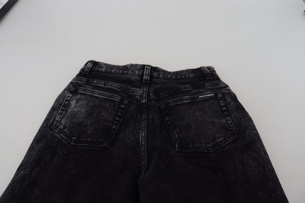Svarta tvättade bomullsjeans med hög midja