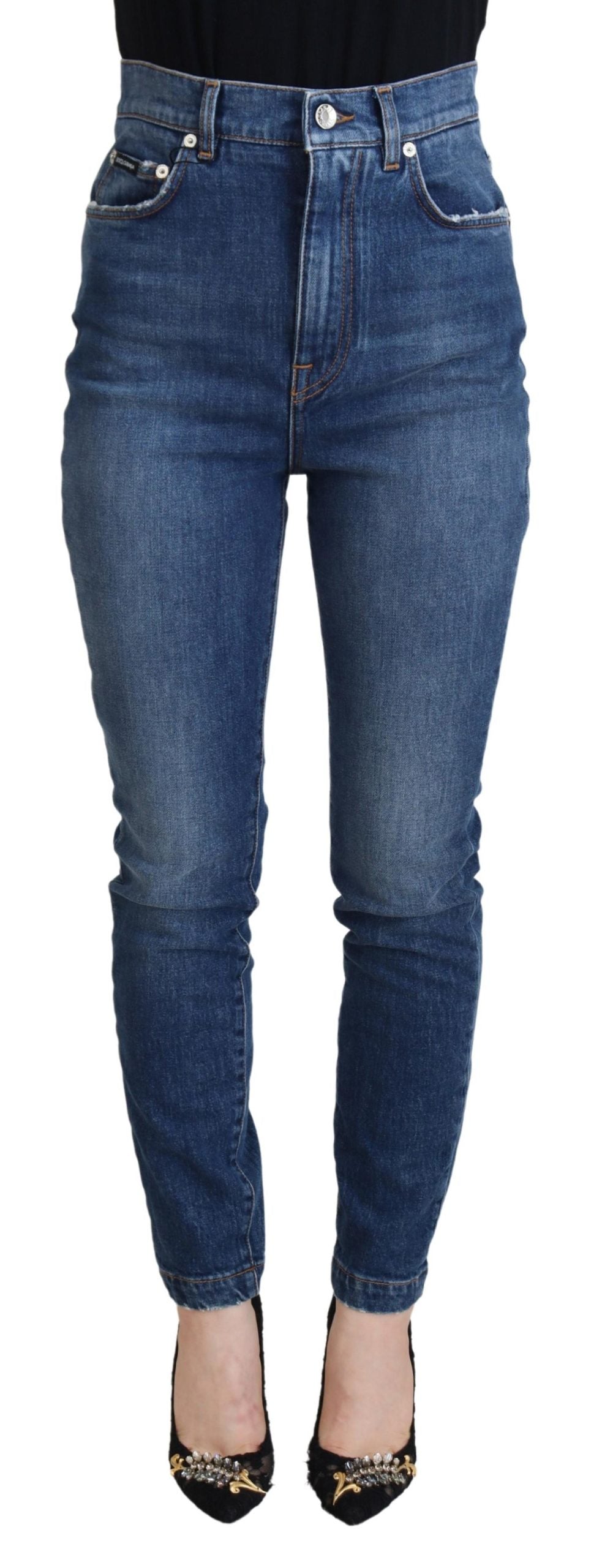 Blå bomullsjeans med hög midja och smal passform