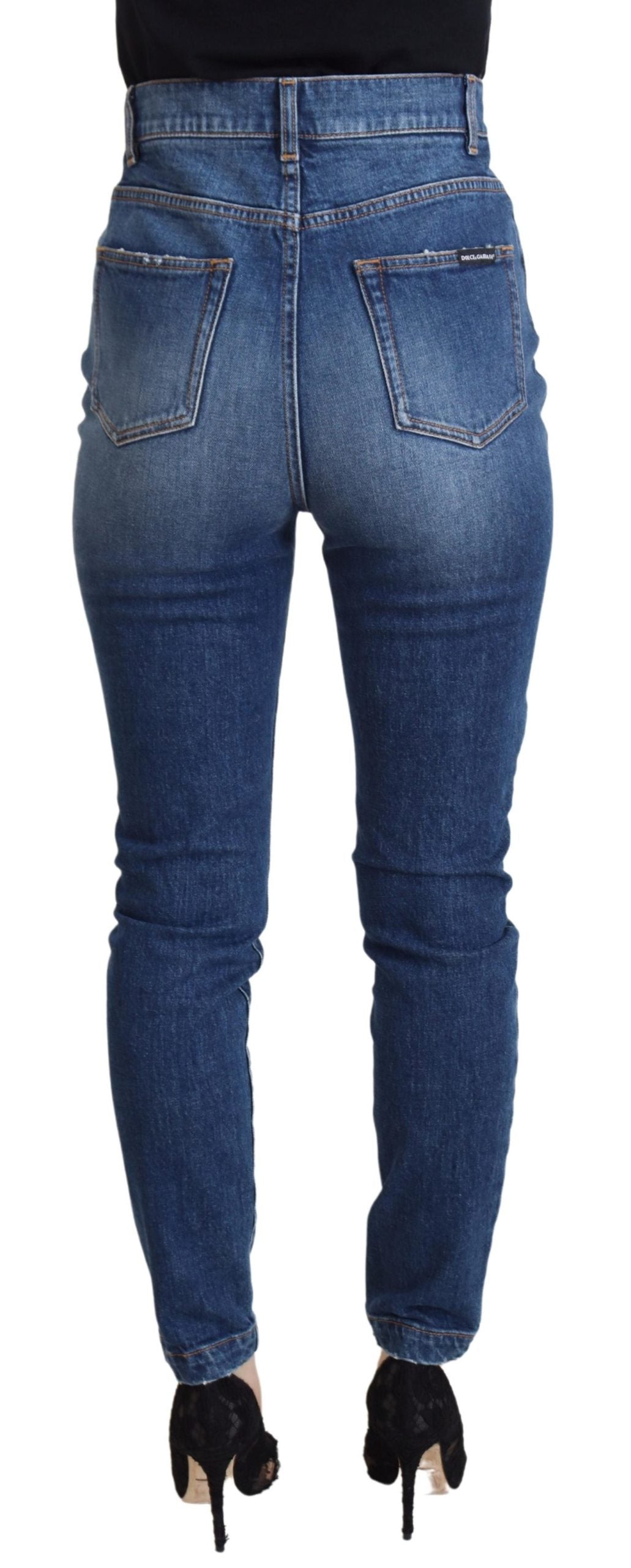 Blå bomullsjeans med hög midja och smal passform