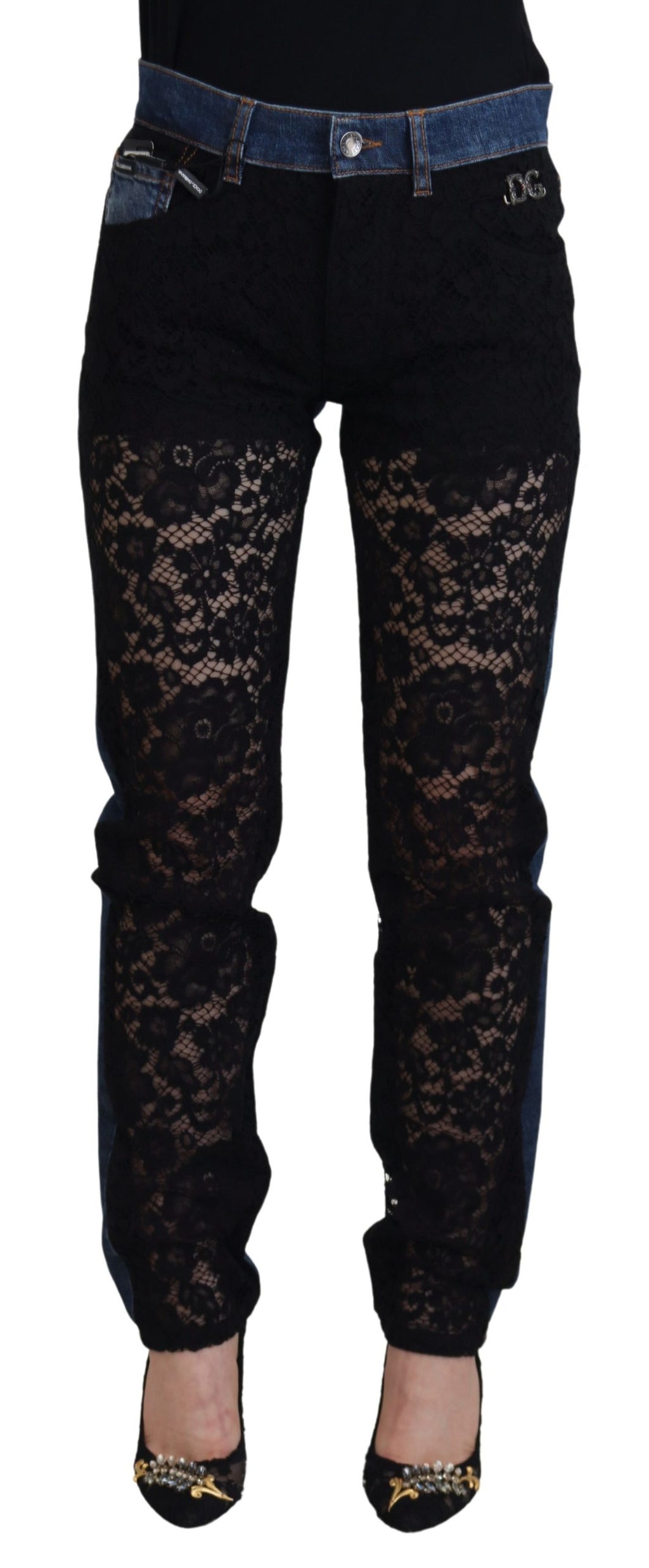 Svarta blommiga skinny jeans med spets framtill