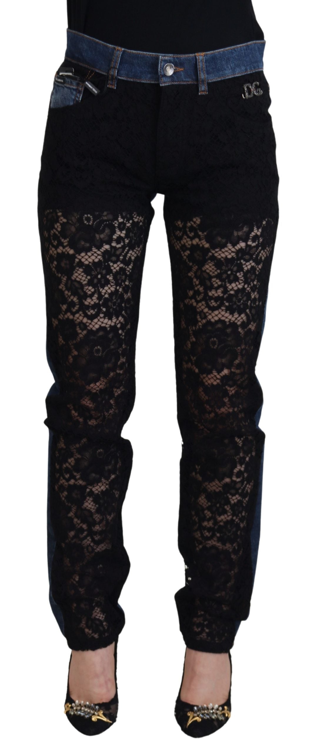 Svarta blommiga skinny jeans med spets framtill