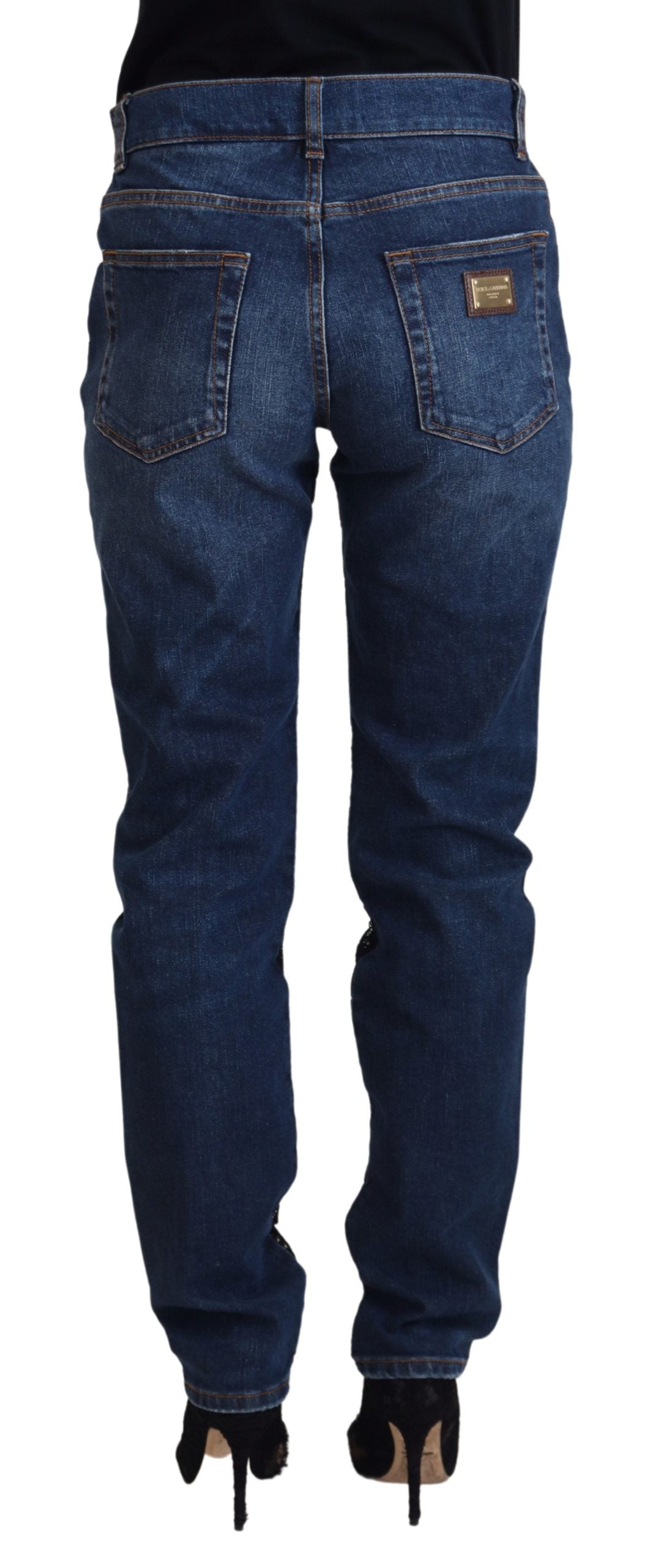 Svarta blommiga skinny jeans med spets framtill
