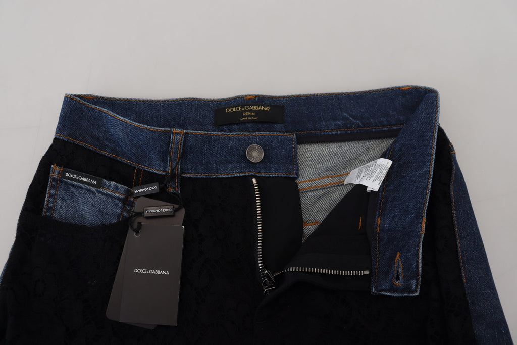 Svarta blommiga skinny jeans med spets framtill