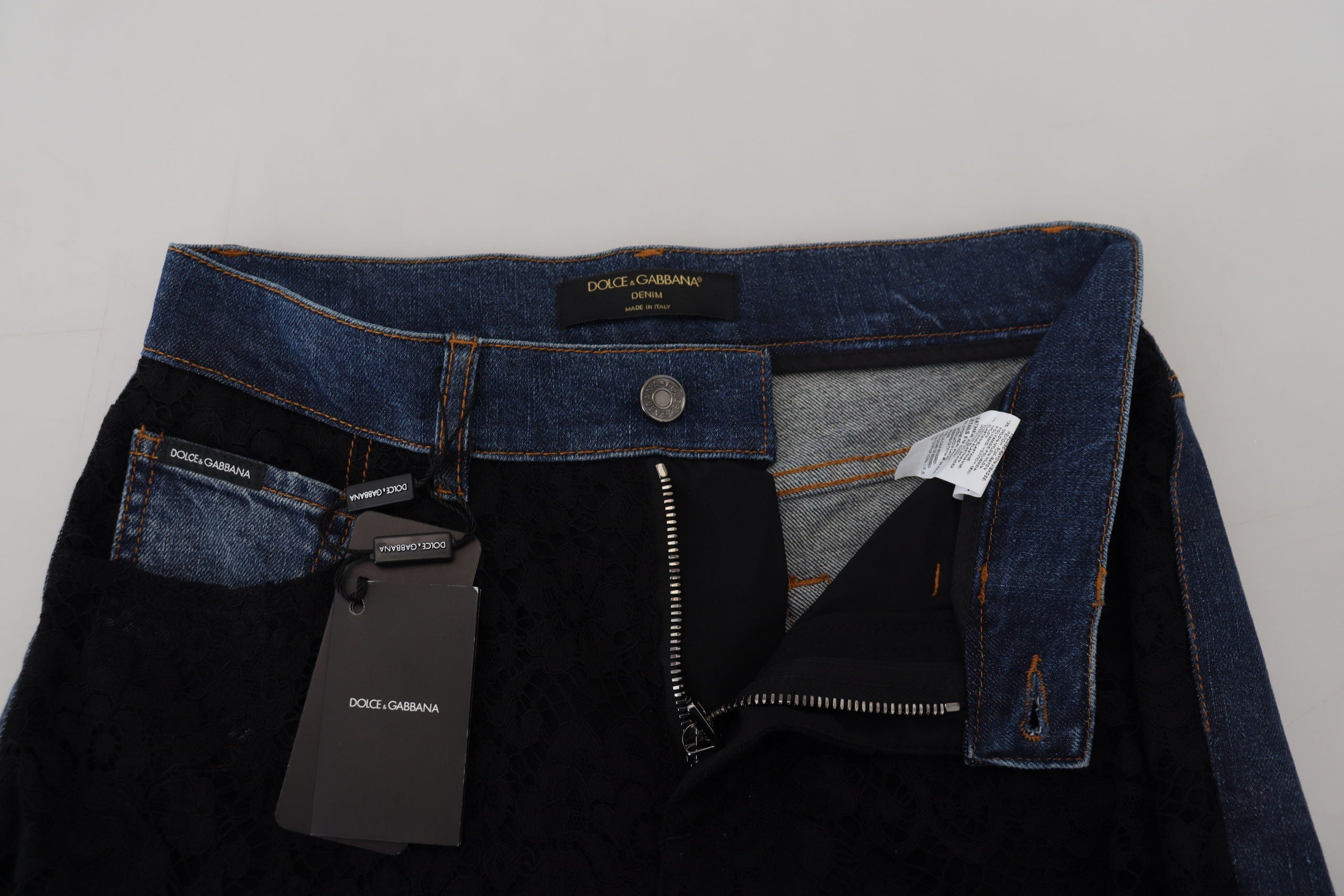 Svarta blommiga skinny jeans med spets framtill