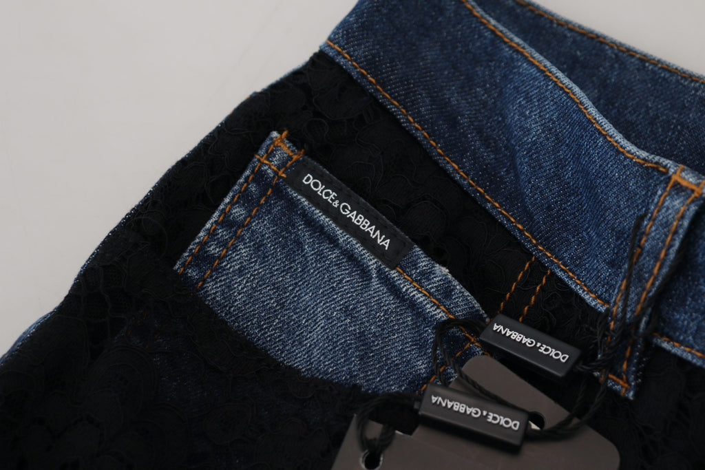 Svarta blommiga skinny jeans med spets framtill