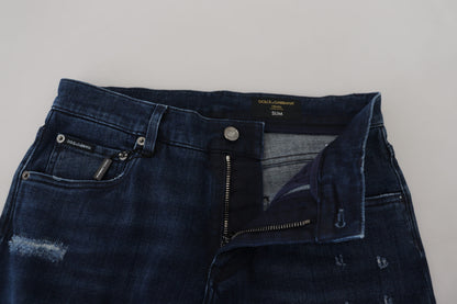 Dolce &amp; Gabbana Blå Bomulls Skinny Trasiga Denim Jeans