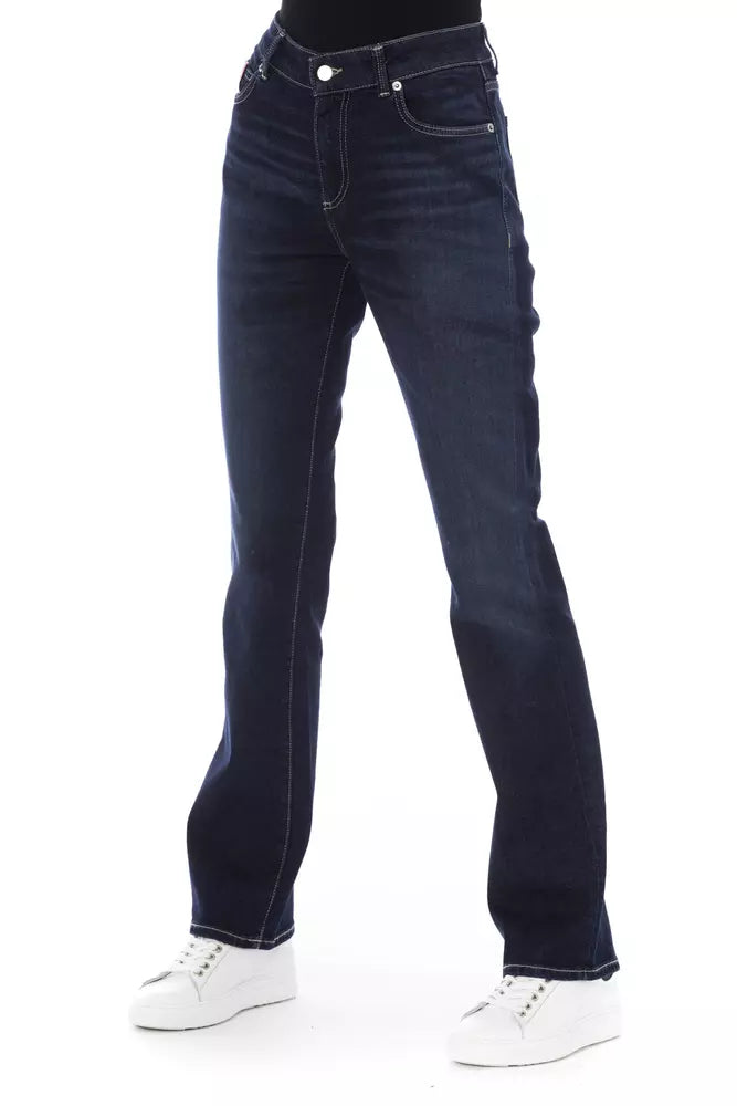 Blå bomullsjeans för kvinnor med trefärgade fickor