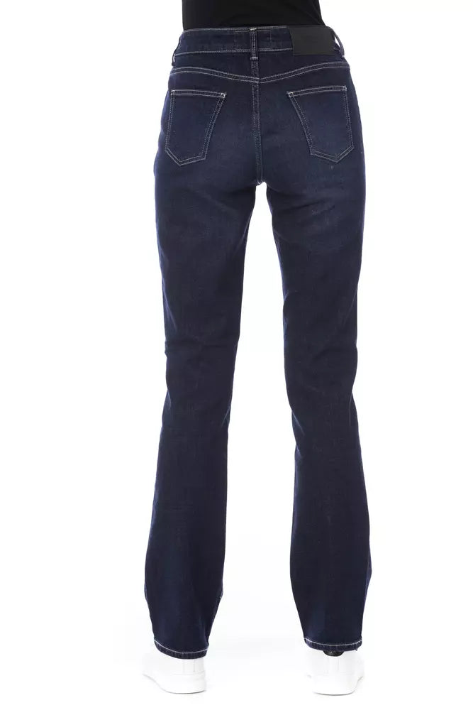 Blå bomullsjeans för kvinnor med trefärgade fickor