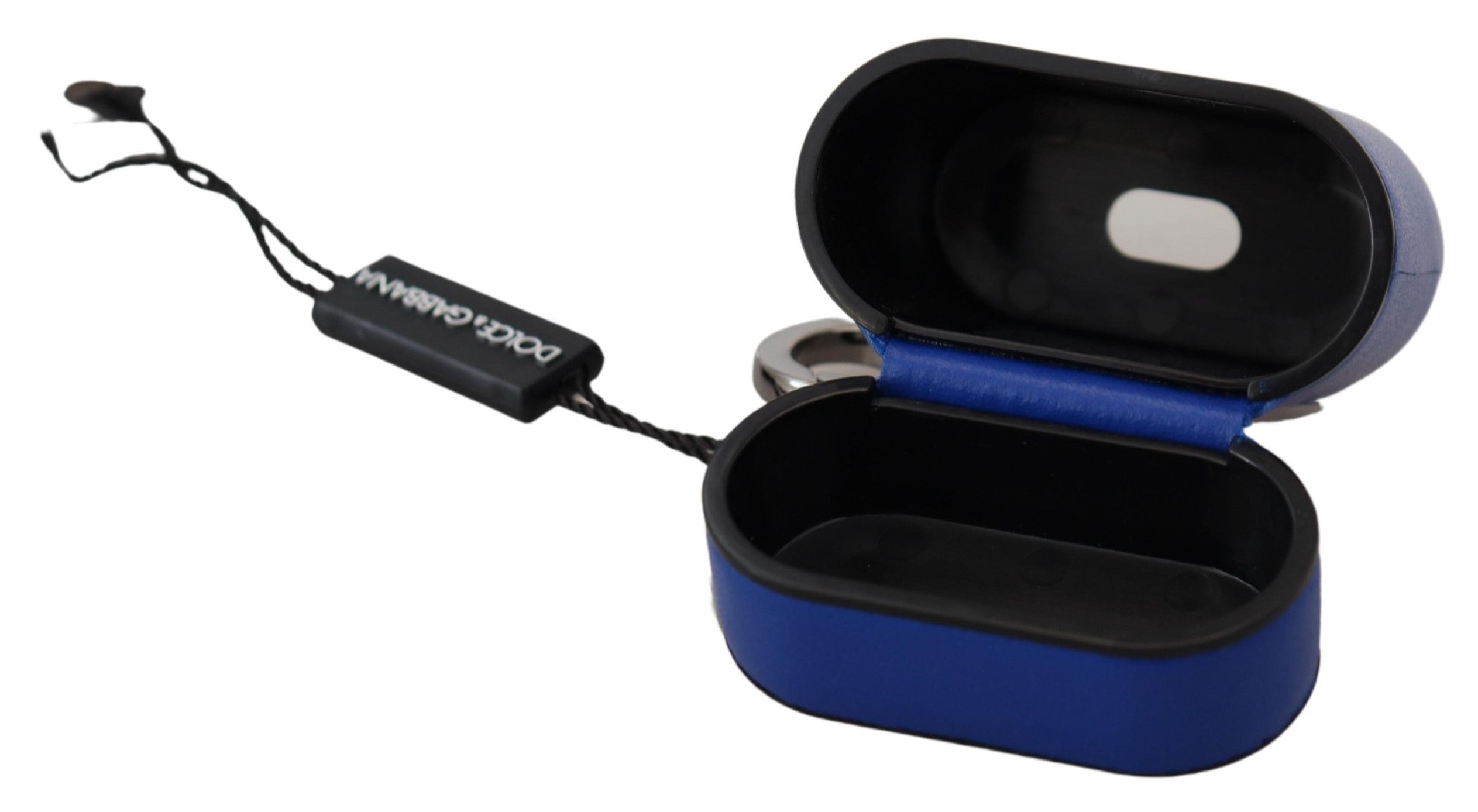 Blått läder- och silverfärgat metallfodral med logotyp för Airpods