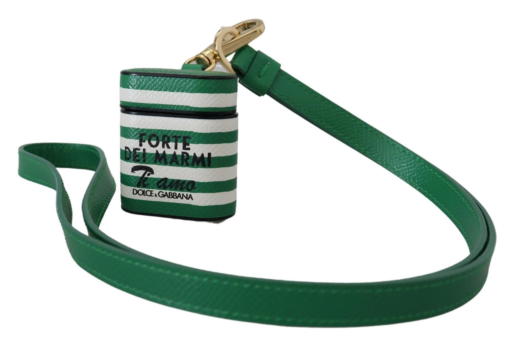 Grönt läderarmband med guldfärgad metalllogotyp för Airpods
