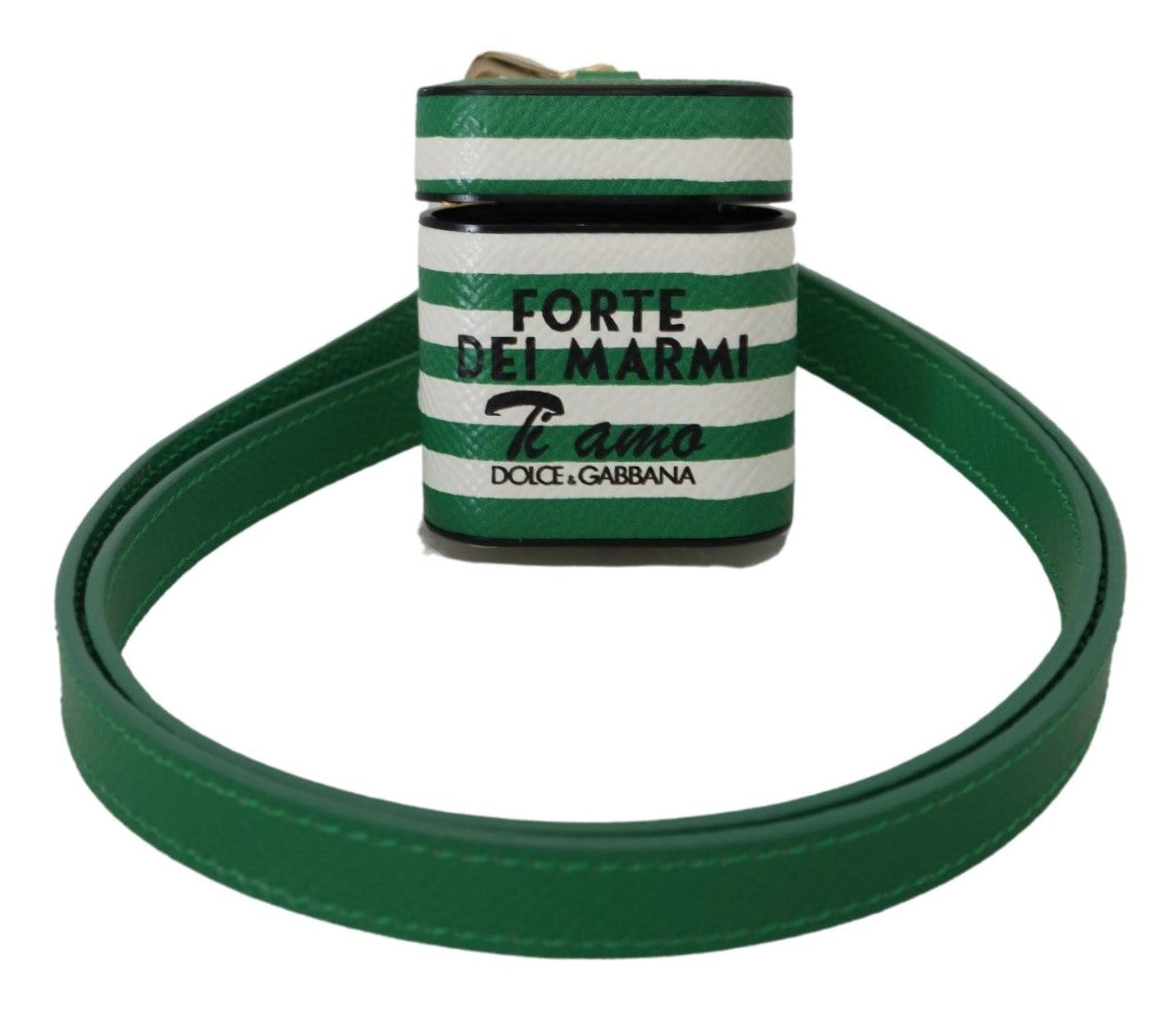 Grönt läderarmband med guldfärgad metalllogotyp för Airpods