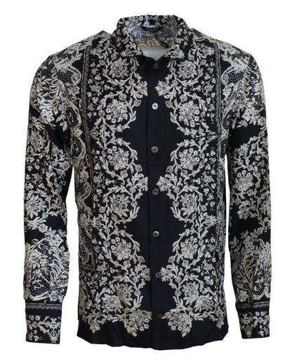Dolce &amp; Gabbana Blå Siden Blommig Barock Satin Casual Skjorta