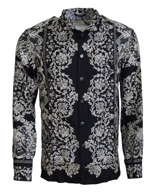 Dolce &amp; Gabbana Blå Siden Blommig Barock Satin Casual Skjorta