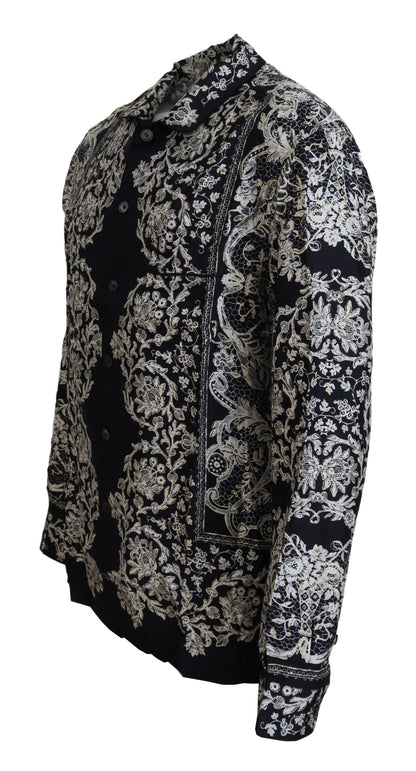 Dolce &amp; Gabbana Blå Siden Blommig Barock Satin Casual Skjorta