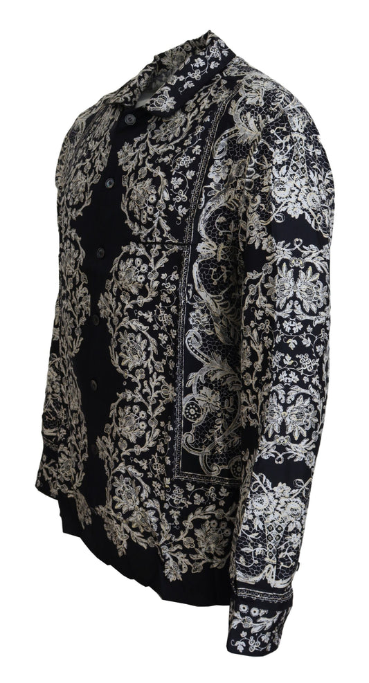 Dolce &amp; Gabbana Blå Siden Blommig Barock Satin Casual Skjorta