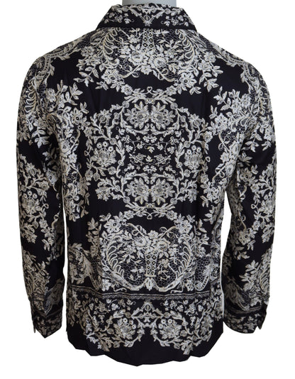 Dolce &amp; Gabbana Blå Siden Blommig Barock Satin Casual Skjorta