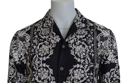 Dolce &amp; Gabbana Blå Siden Blommig Barock Satin Casual Skjorta