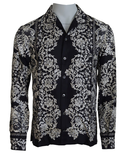 Dolce &amp; Gabbana Blå Siden Blommig Barock Satin Casual Skjorta