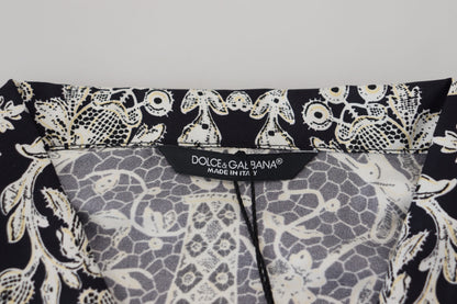 Dolce &amp; Gabbana Blå Siden Blommig Barock Satin Casual Skjorta