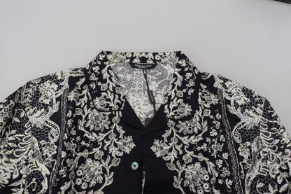 Dolce &amp; Gabbana Blå Siden Blommig Barock Satin Casual Skjorta