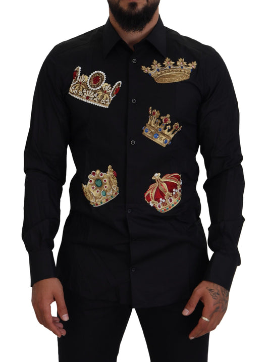 Dolce &amp; Gabbana Svart Guld Krona Slim Fit Klädskjorta
