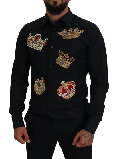 Dolce &amp; Gabbana Svart Guld Krona Slim Fit Klädskjorta