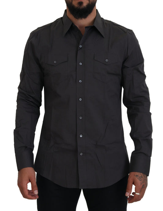 Dolce &amp; Gabbana Grå SICILIA Slim Fit Stretchskjorta