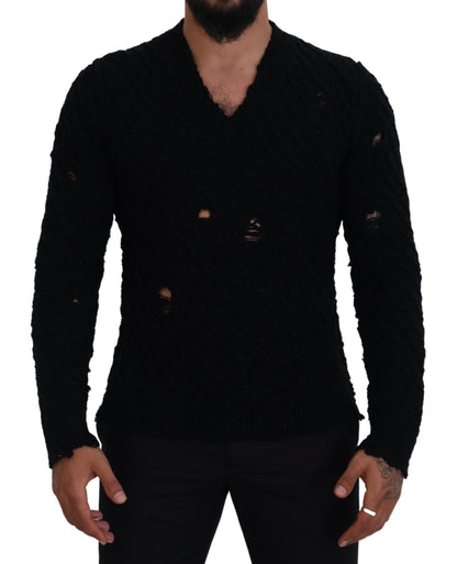 Dolce &amp; Gabbana Svart Ull V-ringad Stickad Pullovertröja