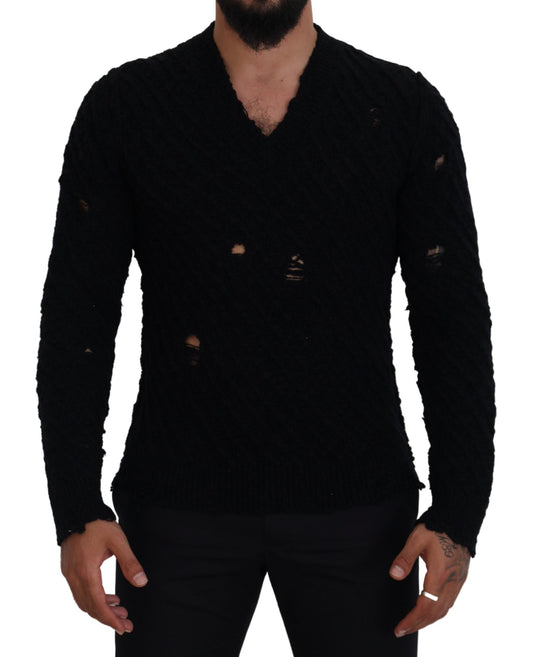 Dolce &amp; Gabbana Svart Ull V-ringad Stickad Pullovertröja
