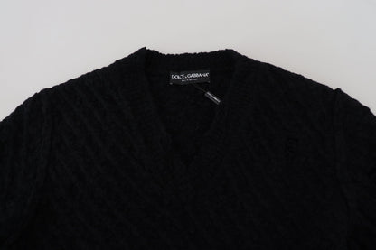 Dolce &amp; Gabbana Svart Ull V-ringad Stickad Pullovertröja