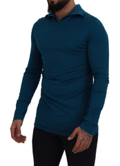 Dolce & Gabbana Blue Cotton Collared Slim Pullover Sweater