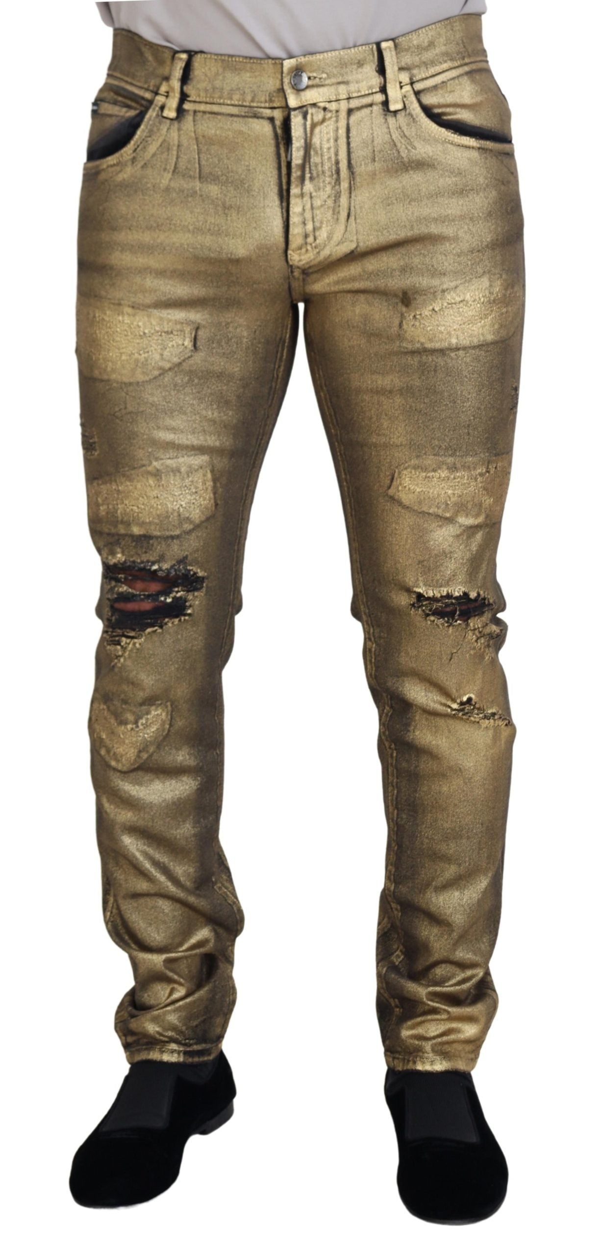 Dolce &amp; Gabbana Guldfärgade Bomullsslitna Skinny Jeans För Män