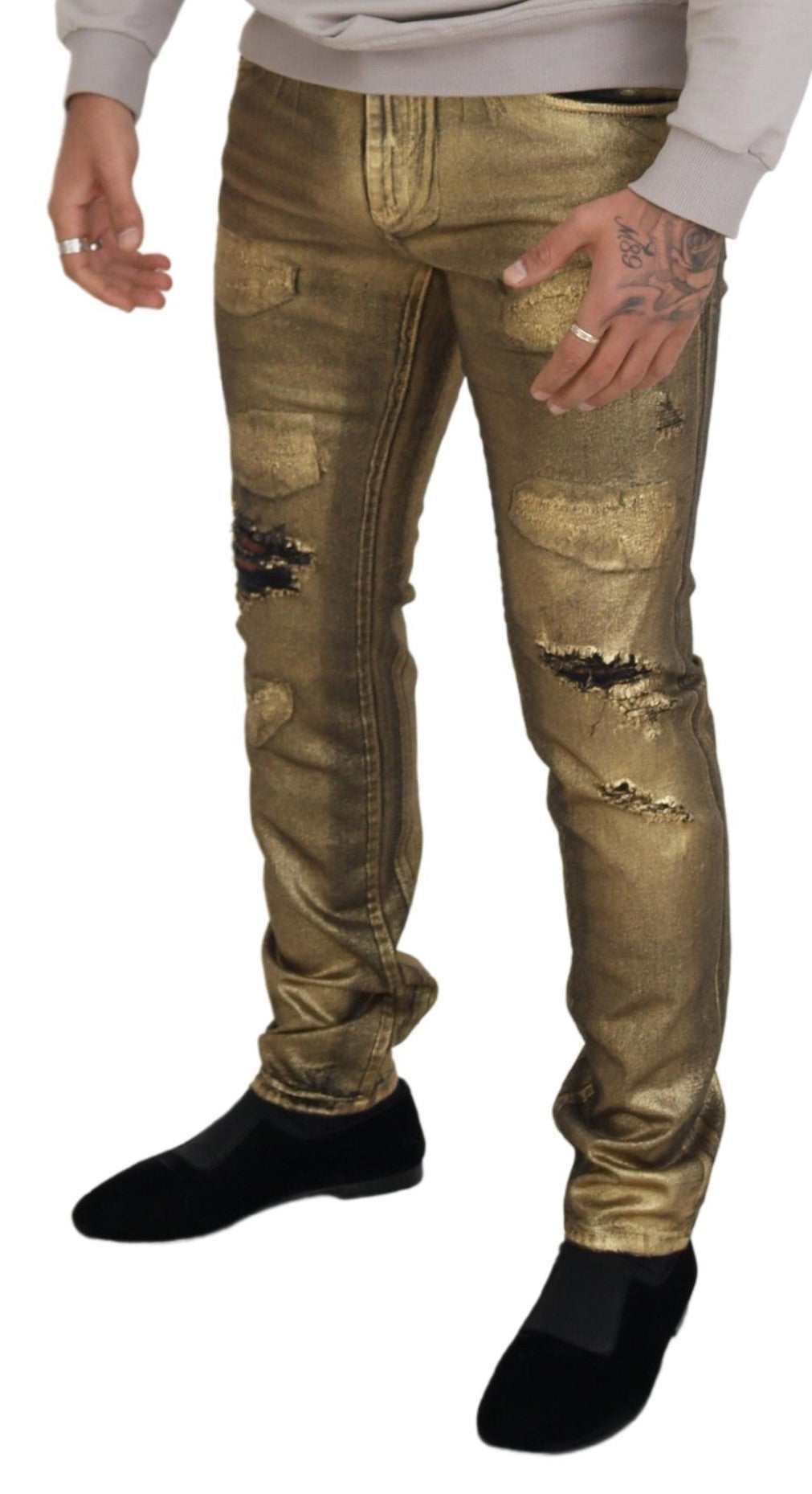 Dolce &amp; Gabbana Guldfärgade Bomullsslitna Skinny Jeans För Män