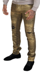 Dolce & Gabbana Gold Cotton Tattered Skinny Men Denim Jeans
