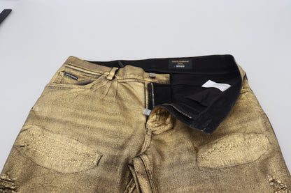 Dolce &amp; Gabbana Guldfärgade Bomullsslitna Skinny Jeans För Män