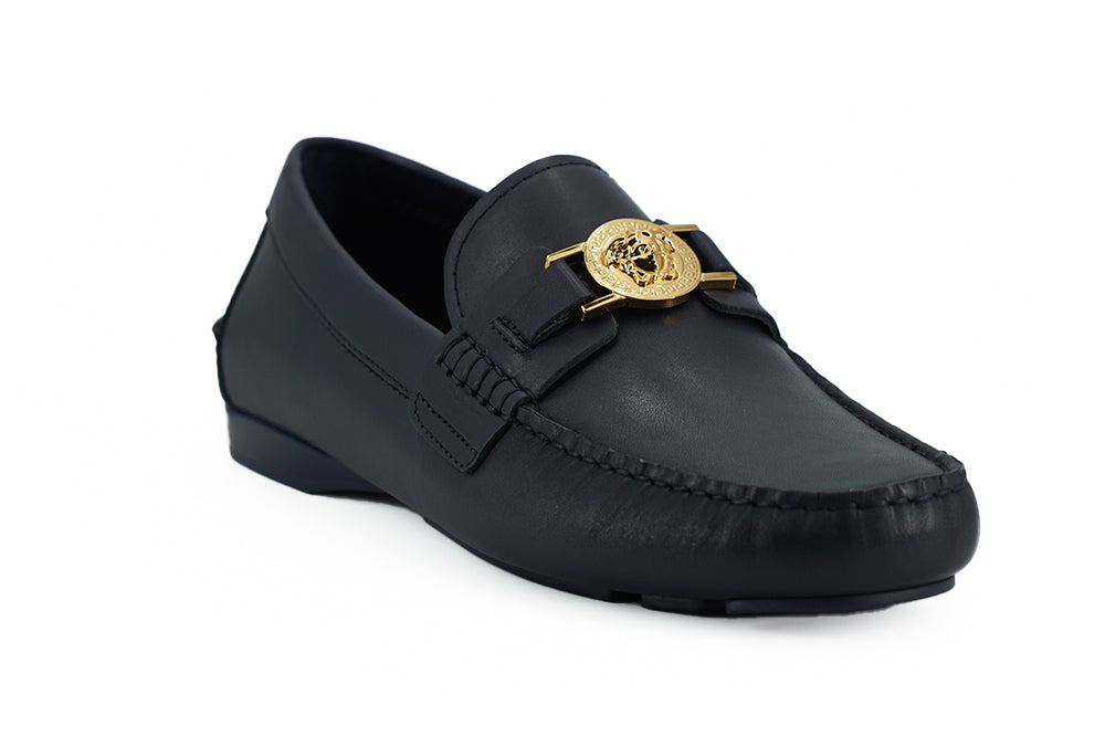 Eleganta marinblå loafers i kalvskinn