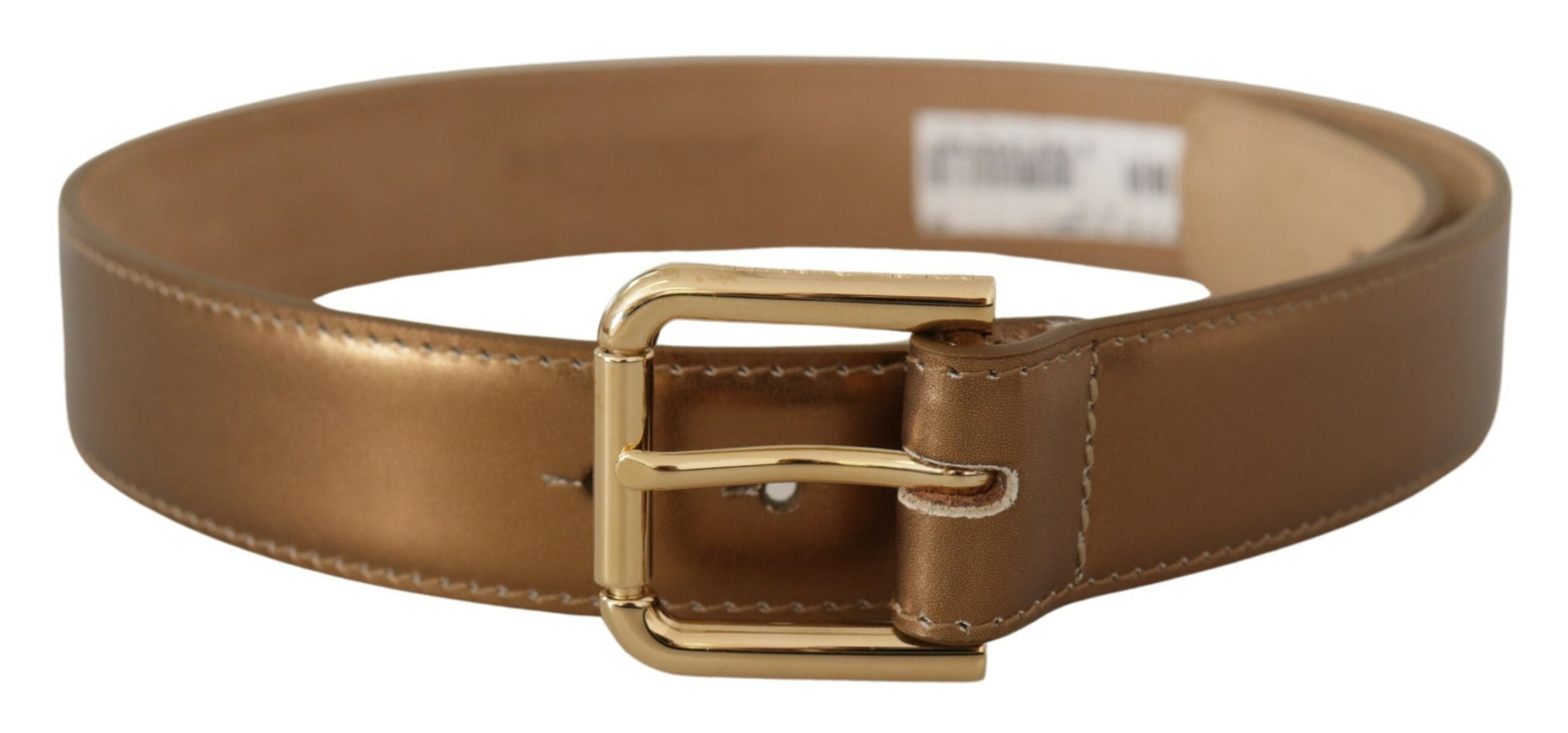 Bronse skinnbelte med gulllogo og gravert midjespenne