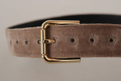 Dolce & Gabbana Light Brown Velvet Gold Tone Logo Metal Buckle Belt