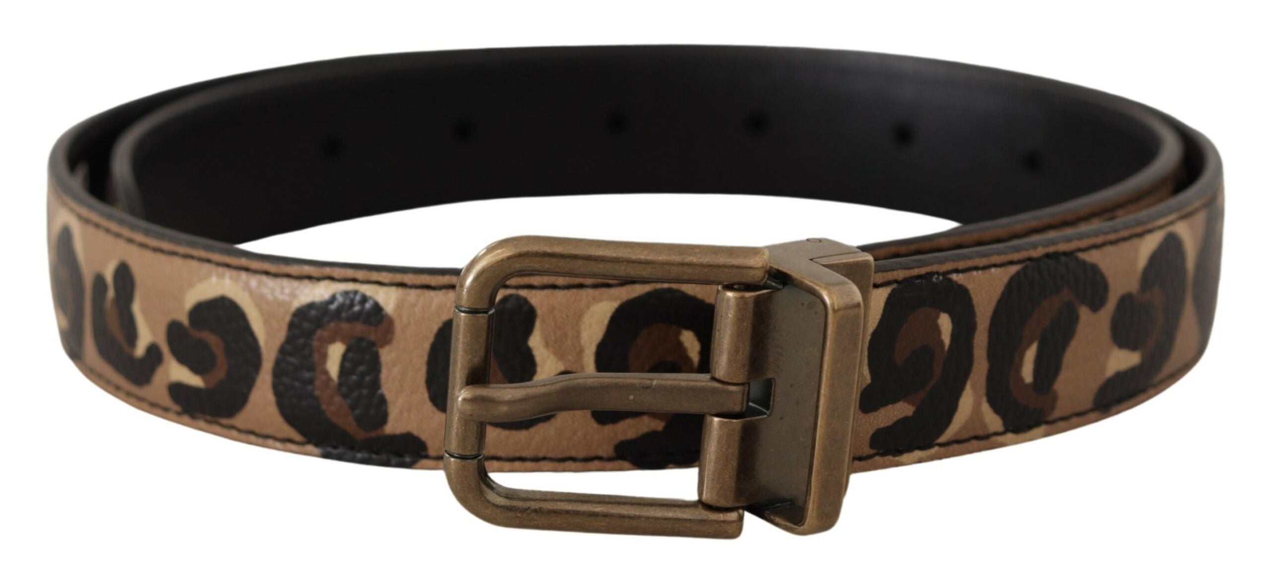 Brunt skinnbelte med leopardtrykk i bronse og metallspenne