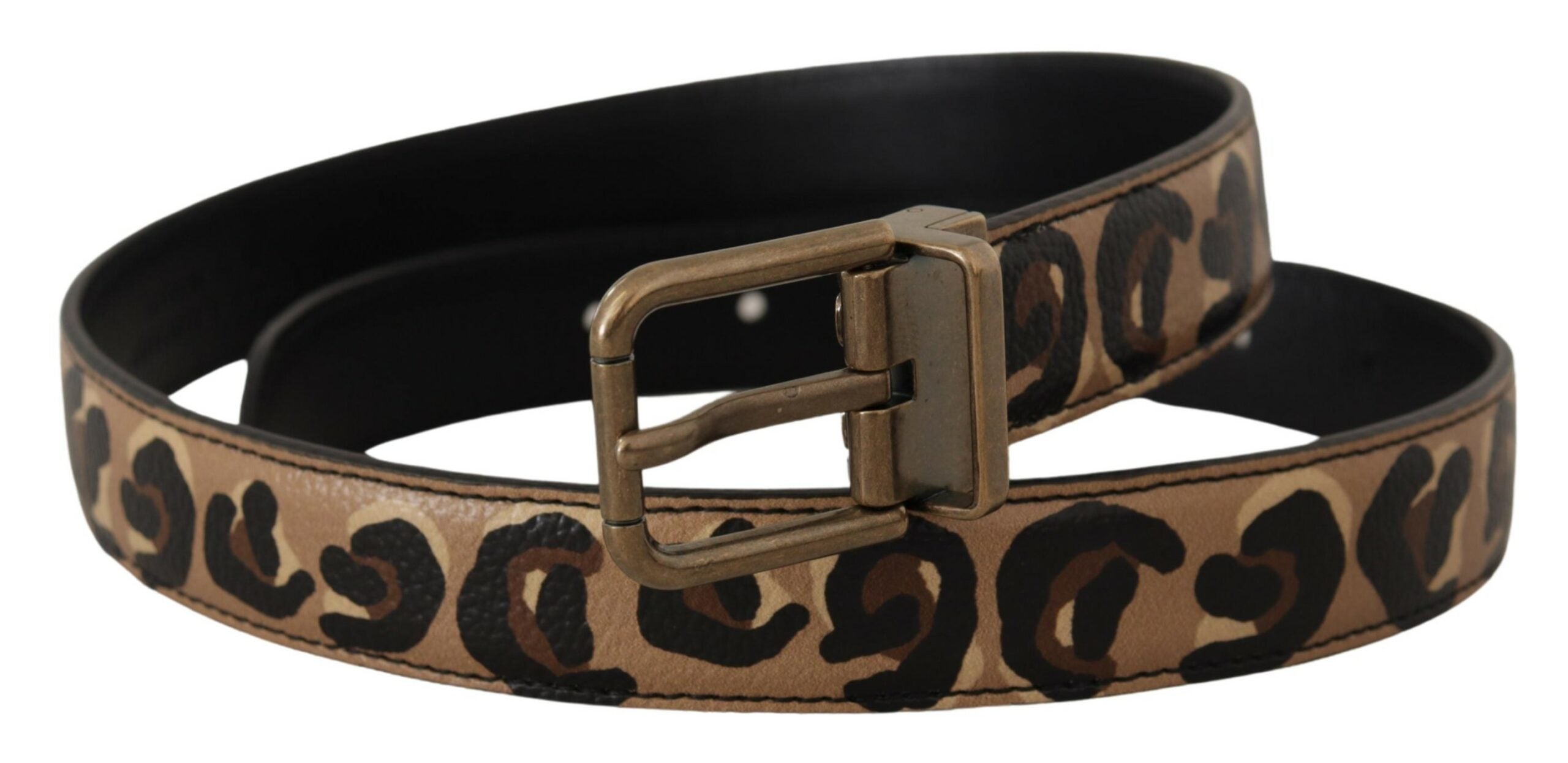 Brunt skinnbelte med leopardtrykk i bronse og metallspenne