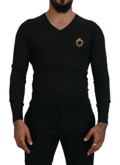 Dolce & Gabbana Gray Cashmere V-neck Gold Heart Sweater