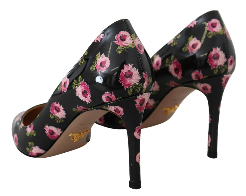 Svarta Läder Blommiga Klackar Stilettklackar Pumps