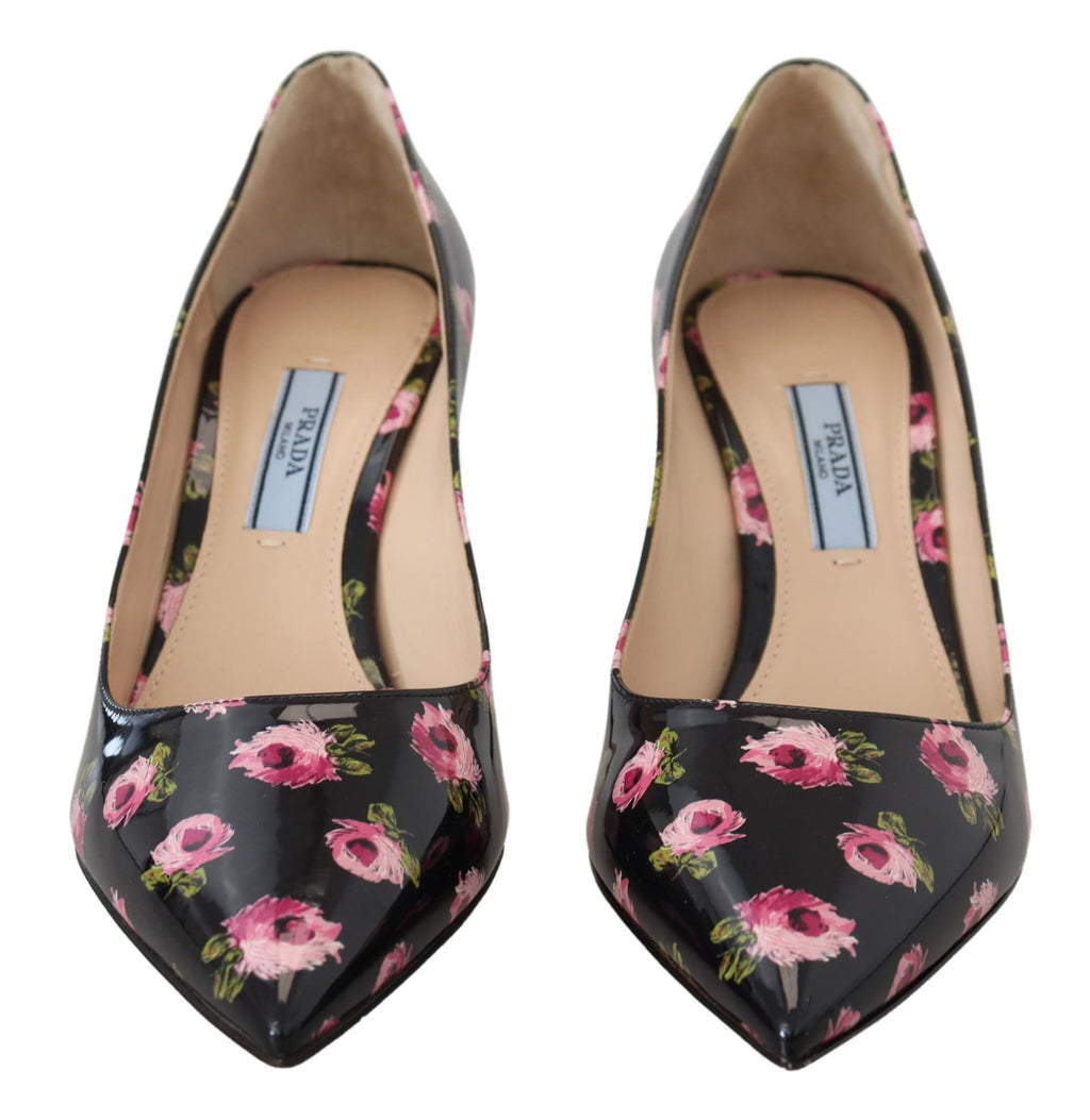 Svarta Läder Blommiga Klackar Stilettklackar Pumps